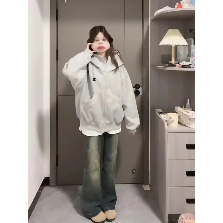 式覆古高街字母刺绣连帽运动衫女春秋款宽松慵懒风小众情侣装外套