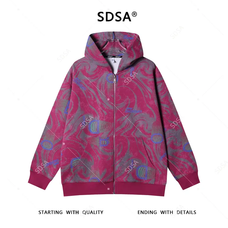SDSA秋冬新款痞帅男装潮牌撞色字母印花拉链连帽卫衣宽松痞帅外套