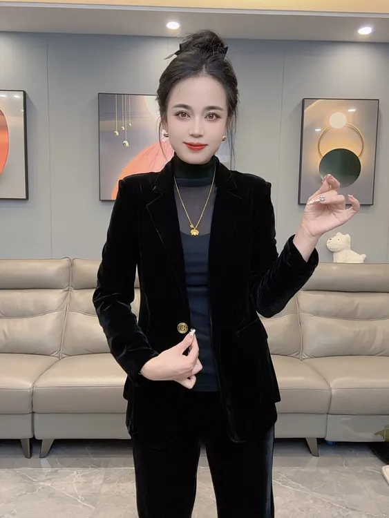 早秋新版轻奢气质修身丝绒西服外套中国风时尚黑色XH