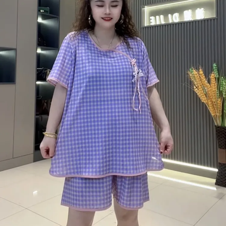 1068国风女款空调洞洞格子短袖长裤睡衣三件套套装宽松显瘦可外穿