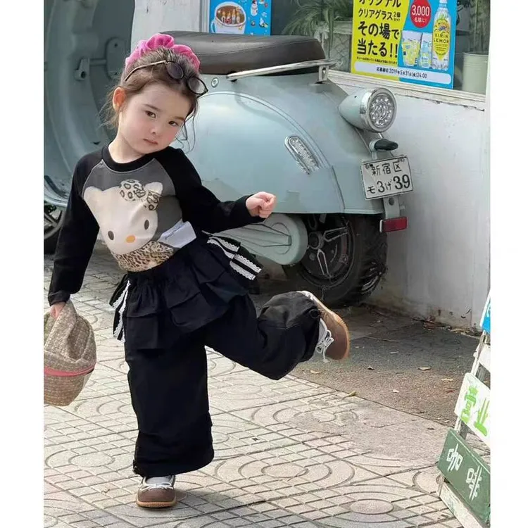 儿童韩版印花T恤2025秋季新款中小女童豹纹猫插肩T恤黑色棉布裙裤