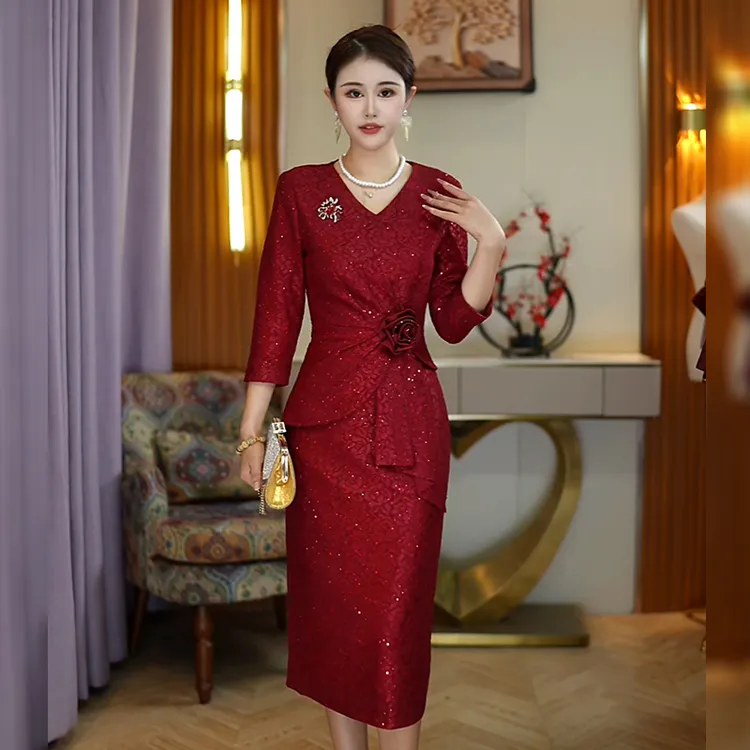 十一国庆喜婆婆结婚连衣裙夏款短袖蕾丝结婚丈母娘妈妈装婚宴礼服