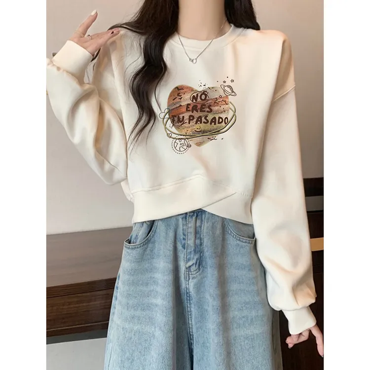 美式短款圆领卫衣女2025秋冬季加绒薄款百搭长袖小个子设计感上衣