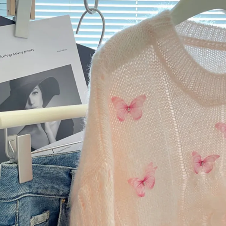 128花朵蝴蝶秋季开衫冬季加厚女装宽松毛针织衫薄款女