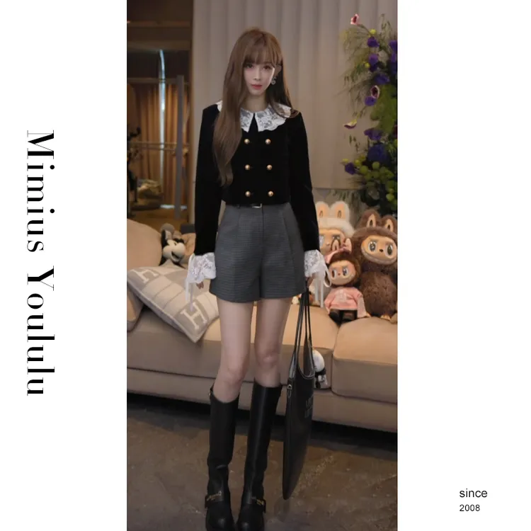 【mimius】P 重工轻奢双排扣外套/蕾丝领可拆+短裤（含腰带）G07246