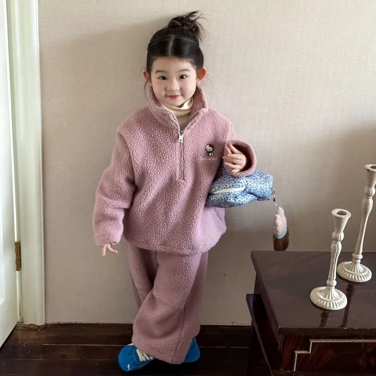 小思家2025冬季新款韩版甜美女童立领加厚羊羔毛卫衣卫裤休闲套装