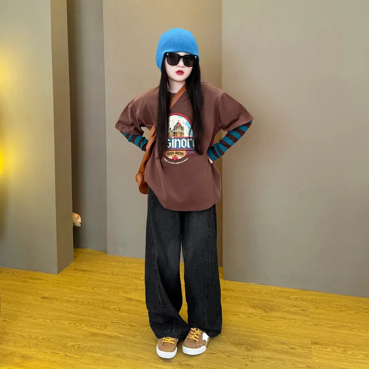 女童春秋季2025新款儿童韩版洋气时尚假两件打底衫牛仔裤两件套潮