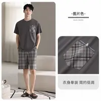 99-夏季新款男士灰色拼接格套头短袖套装