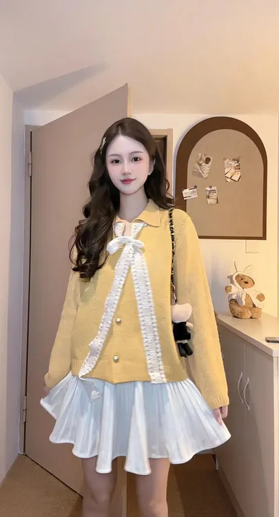 休闲风女V领针织蝴蝶结毛针织衫拼接秋季娃娃领法式