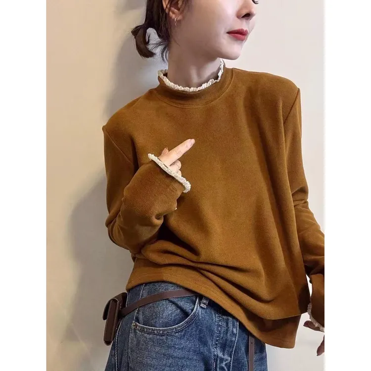 花边领打底衫新款今年流行爆款加绒厚款德绒半高领长袖t恤女