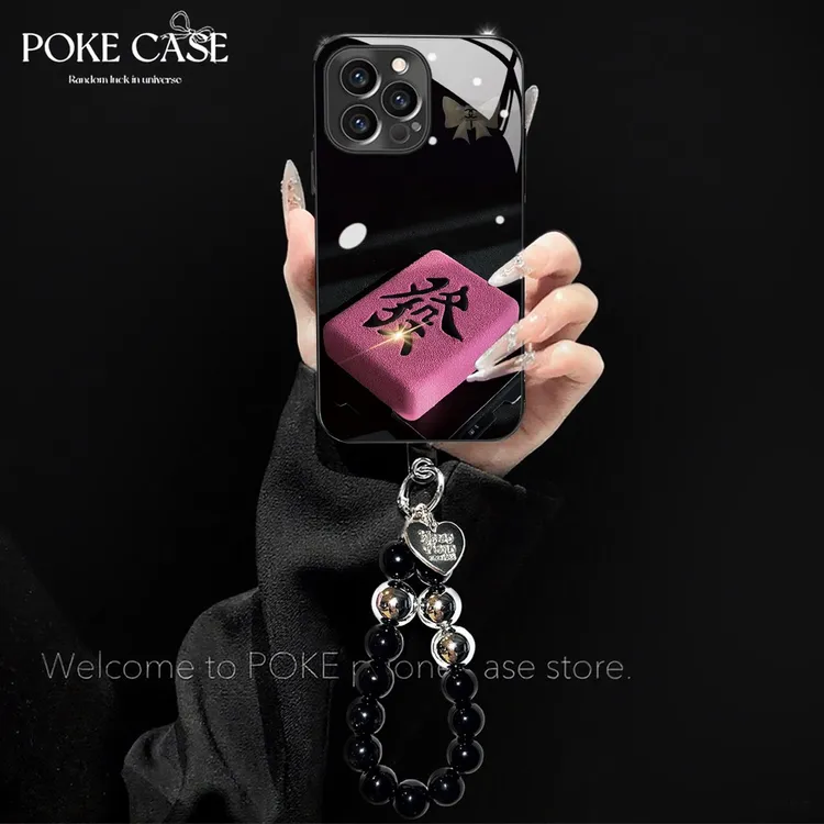 高级电镀玻璃黑底粉發猫适用苹果oppo华为vivo小米创意手链手机壳