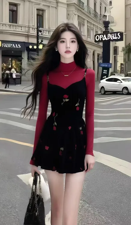 秋季新款淑女米红色修身长袖上衣+黑色吊带碎花收腰连衣裙两件套