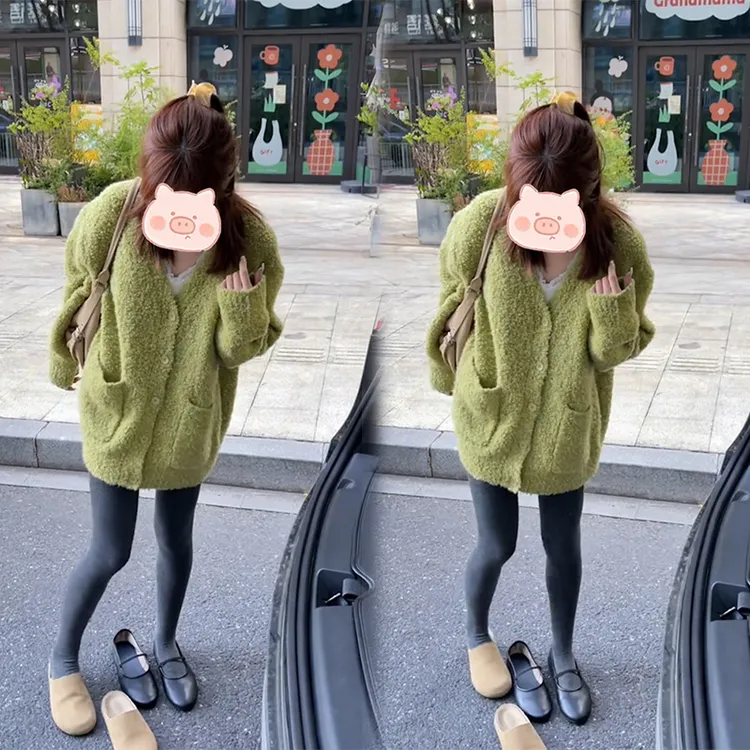 牛油果绿高级感v领针织开衫女秋冬时尚洋气慵懒风毛衣外套上衣潮