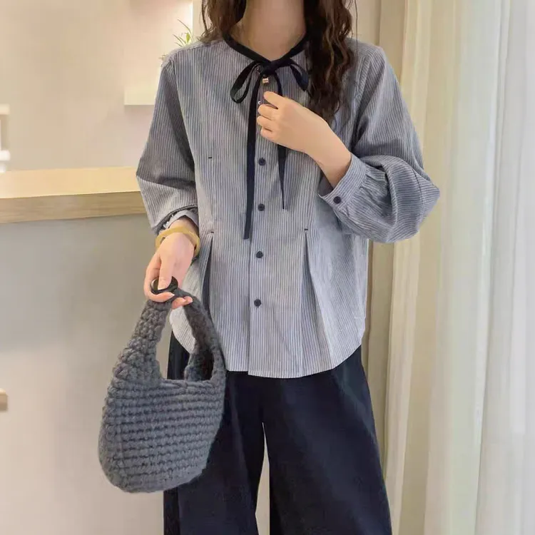 欧洲站2025秋季新款欧货女装竖条纹灯笼袖衬衫女慵懒风纯棉上衣潮
