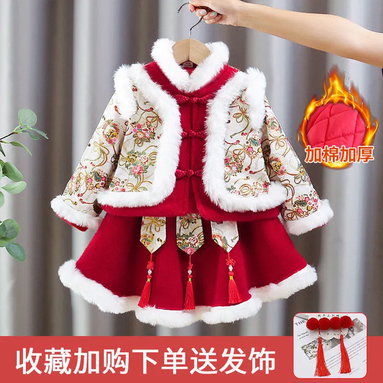 女童拜年服新款冬季中国风唐装女宝宝过年抓周岁加绒加厚汉服套装
