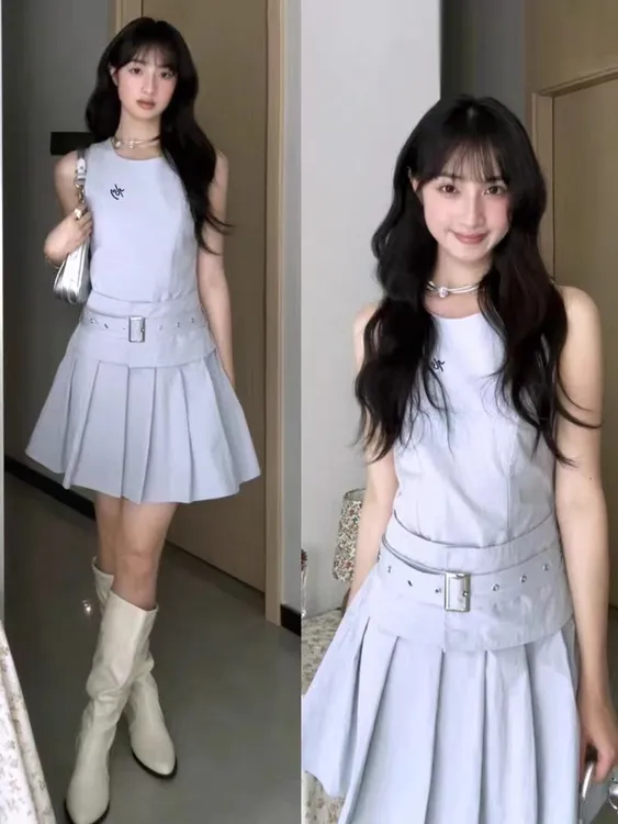 夏季时尚韩版拉链不褪色通勤工装连衣裙无袖百褶女装辣妹短款