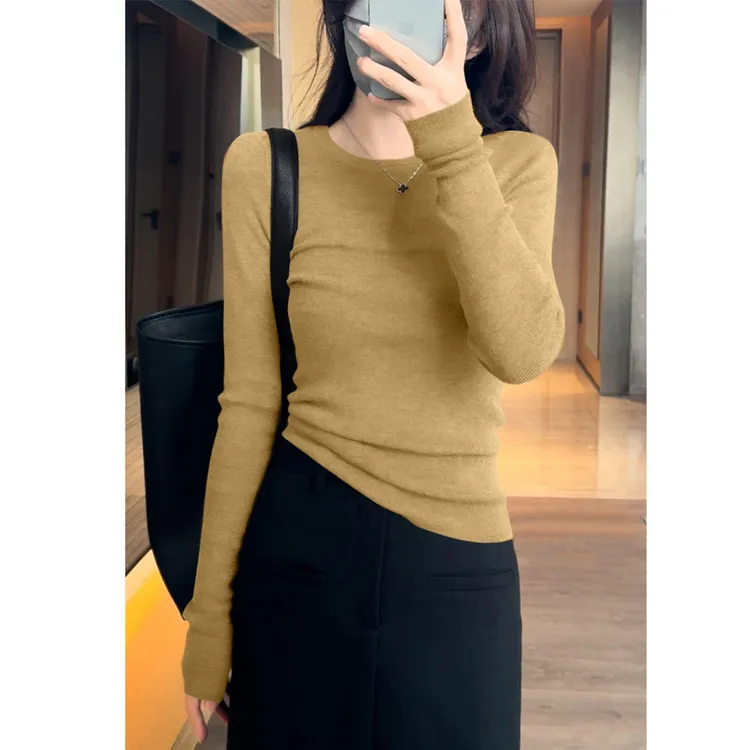 法式时尚秋季长袖气质女装新款套头圆领高级感上衣显瘦针织打底衫