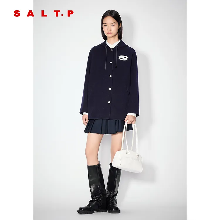 SALT.P可颜学院风舒适休闲羊毛连帽毛呢外套女宽松2025冬季新款