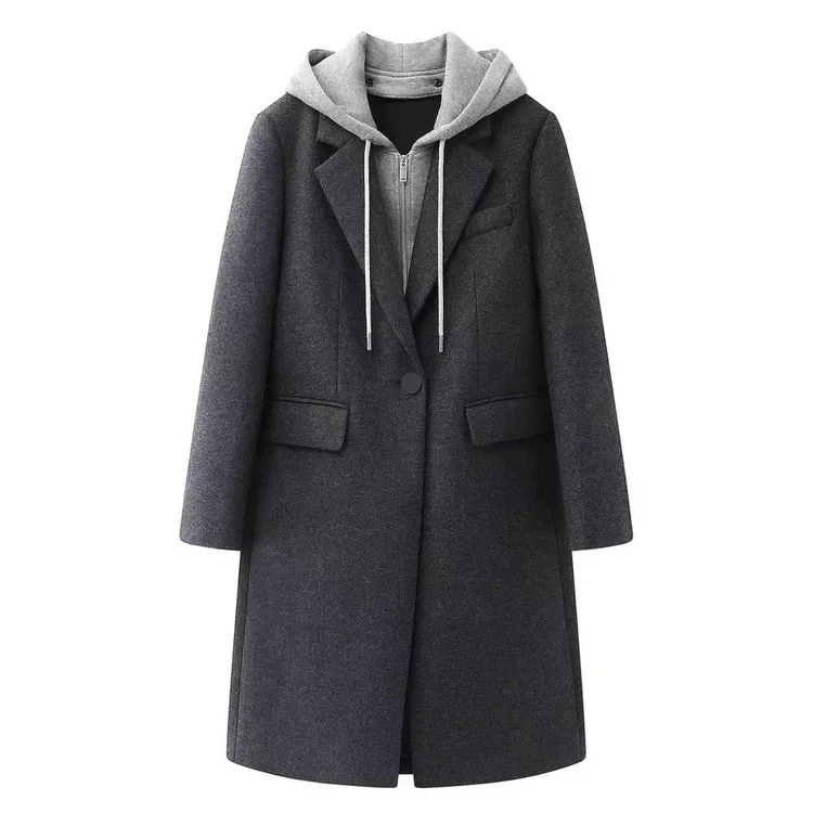 预2025冬新品女宽松双面呢可拆帽襟毛呢大衣假两件外套秋冬