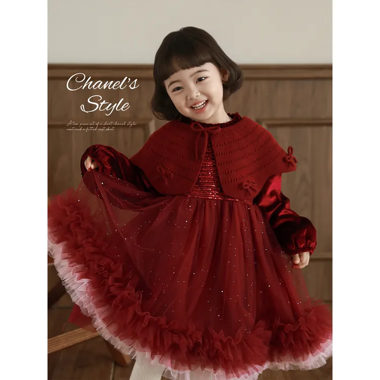 幼悠【星空洒落】冬肆波红色拜年服洋气秋冬女童童装背心裙D4799