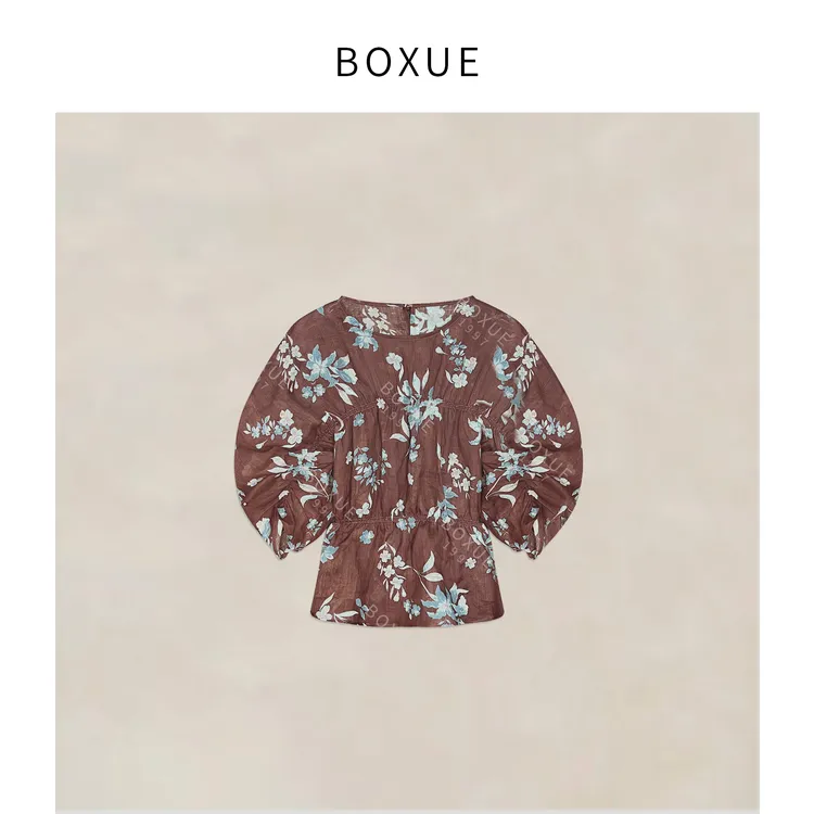 BOXUE ”枕月” 2025夏款100苎麻蓝花印花轻奢  T恤#250514T2468
