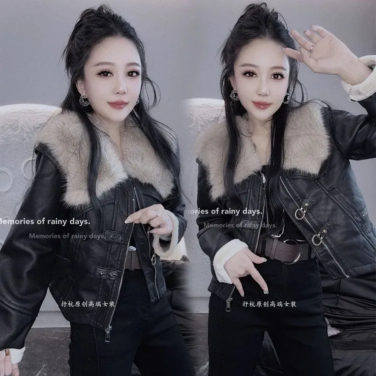 2025冬季新款欧货大毛领短外套女加绒加厚保暖时尚皮毛一体夹克潮