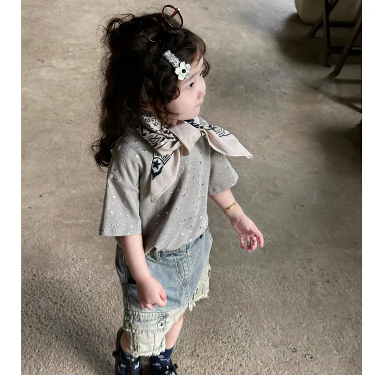 小惜亦2025男女童夏套装灰色烫金短袖牛仔半裙独特洋气时髦女童装