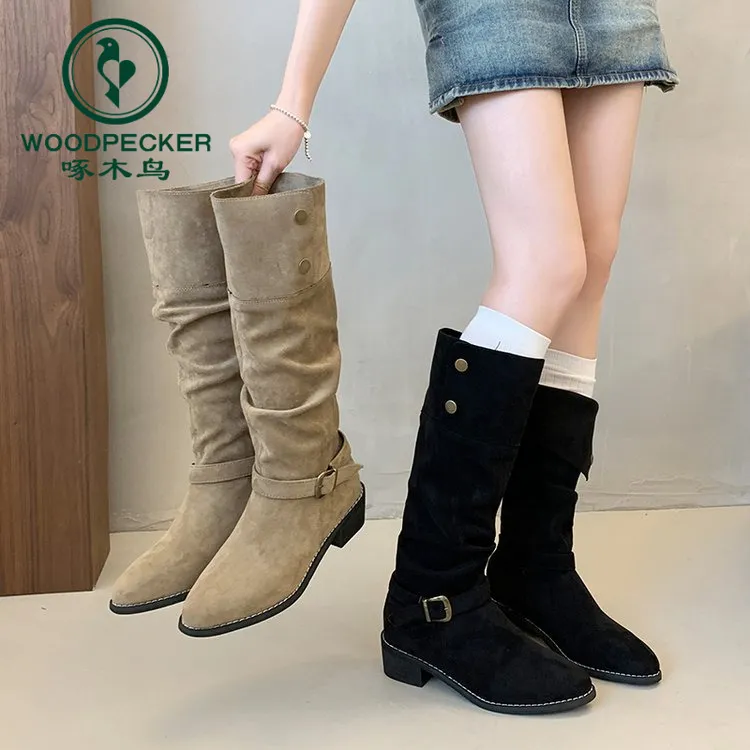 啄木鸟复古百搭堆堆靴女2025年新款秋季小个子增高粗跟尖头骑士靴