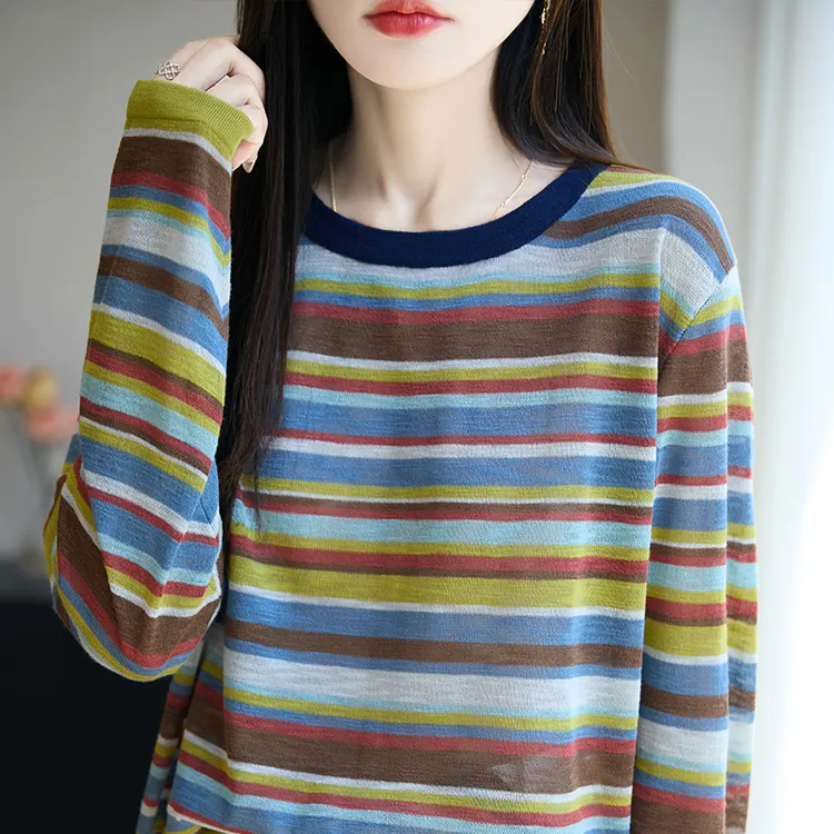 女款韩版ins衣服宽松条纹长袖薄款圆领T恤秋冬休闲外穿上衣百搭美