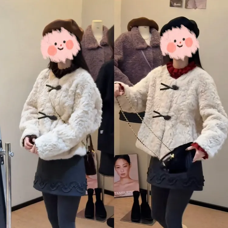 韩系慵懒风气质软糯毛绒外套女2025秋冬新款牛角扣时尚加厚上衣