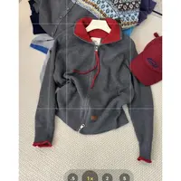 韩系复古撞拼色polo翻领毛衣外套女秋冬氛围感休闲针织开衫Q77