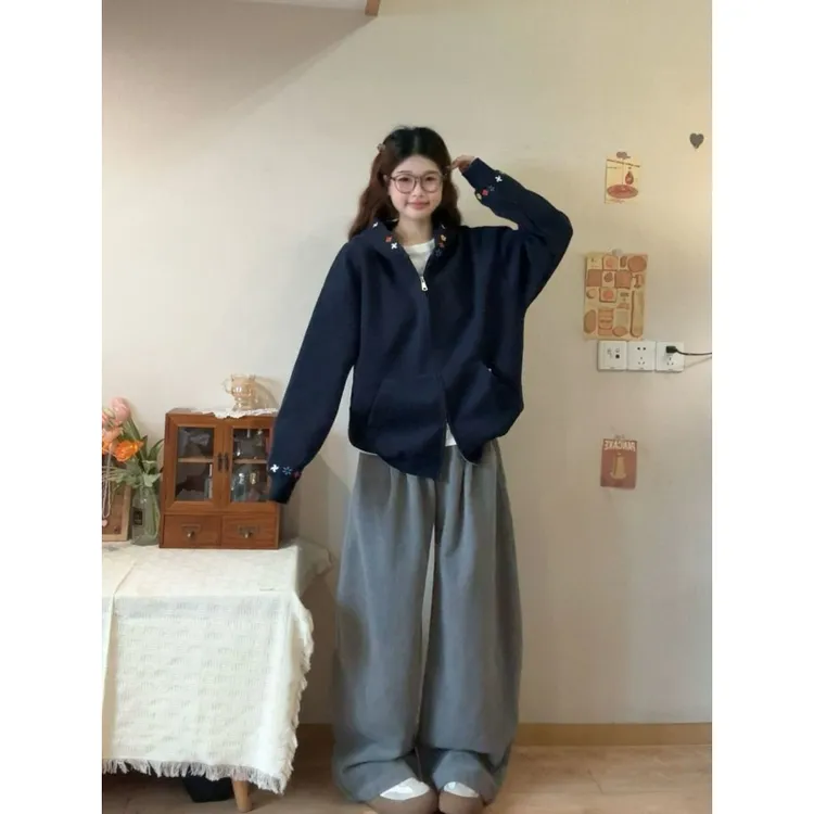 黎帮主韩版刺绣开衫连帽卫衣外套女2025秋新款慵懒风外穿拉链上衣