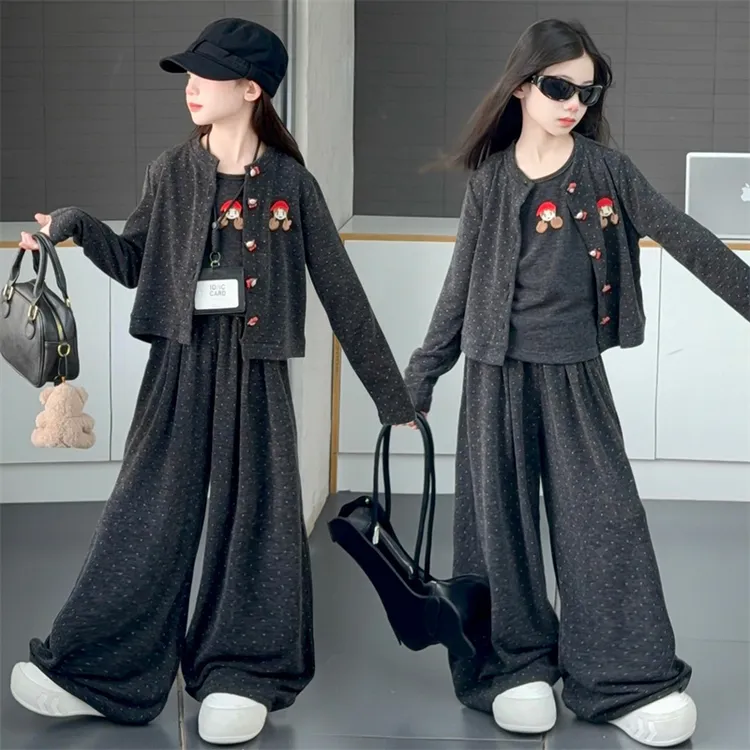 女童春秋圆点开衫套装2025新款韩系中大童洋气休闲阔腿裤三件套潮
