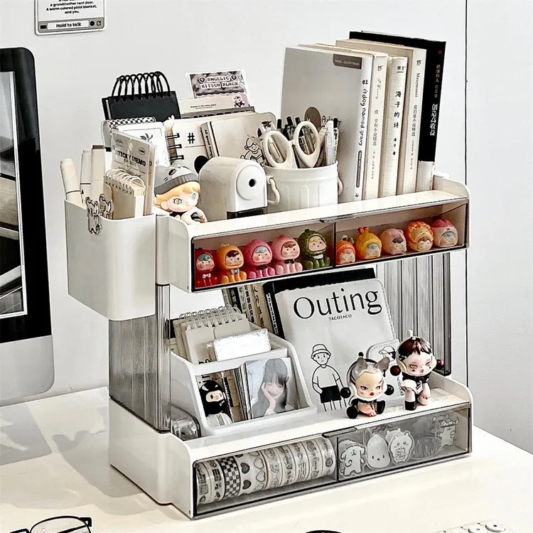 大容量文具收纳盒办公桌书桌书本手账置物架桌上杂物萌粒收纳架子
