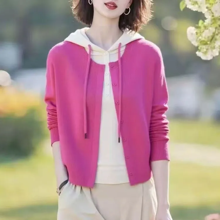 开衫外套毛衣女新款秋冬季假两件连帽毛衫宽松大码针织衫外搭上衣
