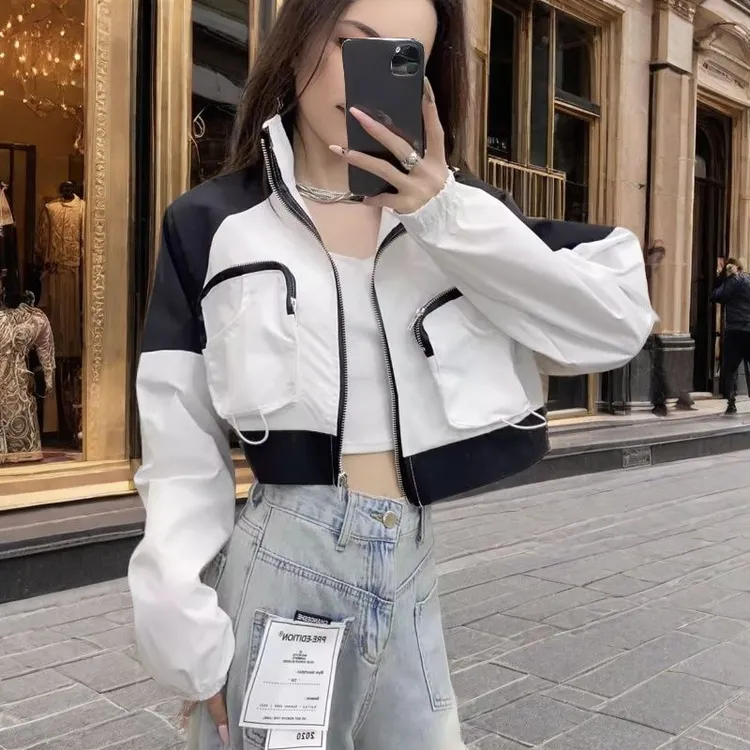 美式复古黑白撞色爆款夹克冲锋衣2025春季新款小个子洋气短外套女