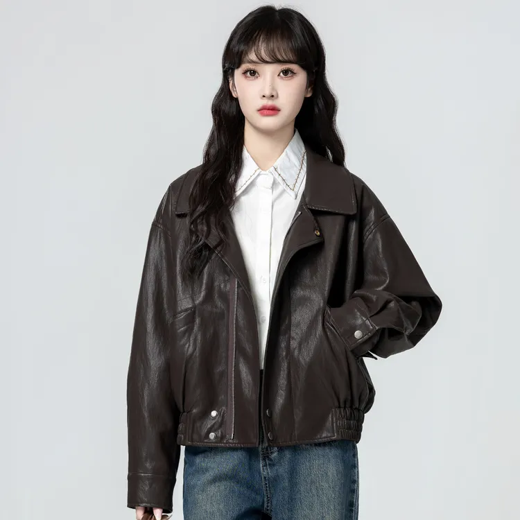 复古棕色PU皮衣外套女春秋2025秋季新款翻领机车皮夹克开衫短上衣