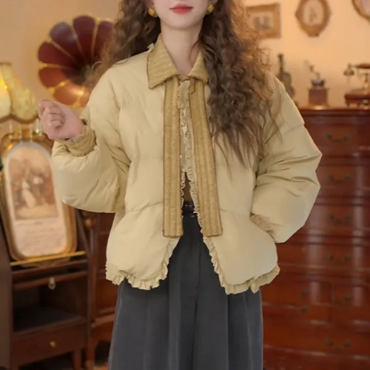 时尚纯色圆领棉服女款2025冬季新款时尚百搭加厚潮流保暖棉衣外套