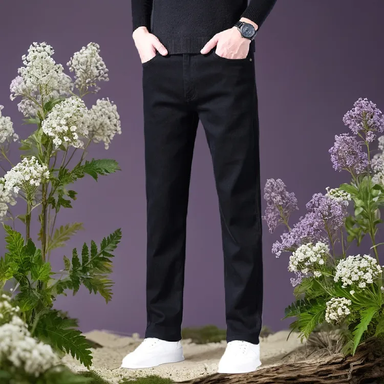 2025春秋季商场高档男牛仔裤黑色加厚弹力修身直筒新款
