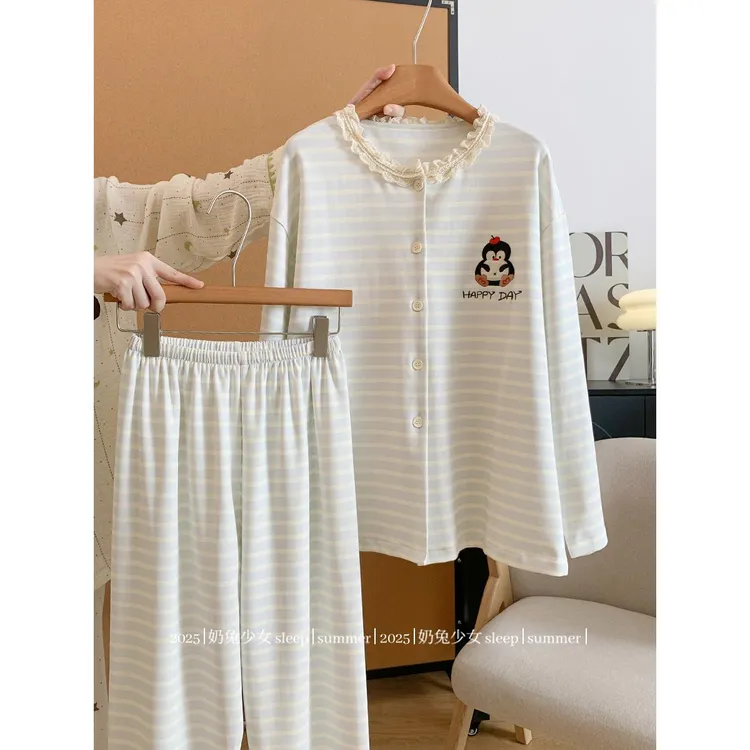 蕾丝花边刺绣企鹅纯棉睡衣女款春秋季长袖卡通可爱休闲开衫家居服