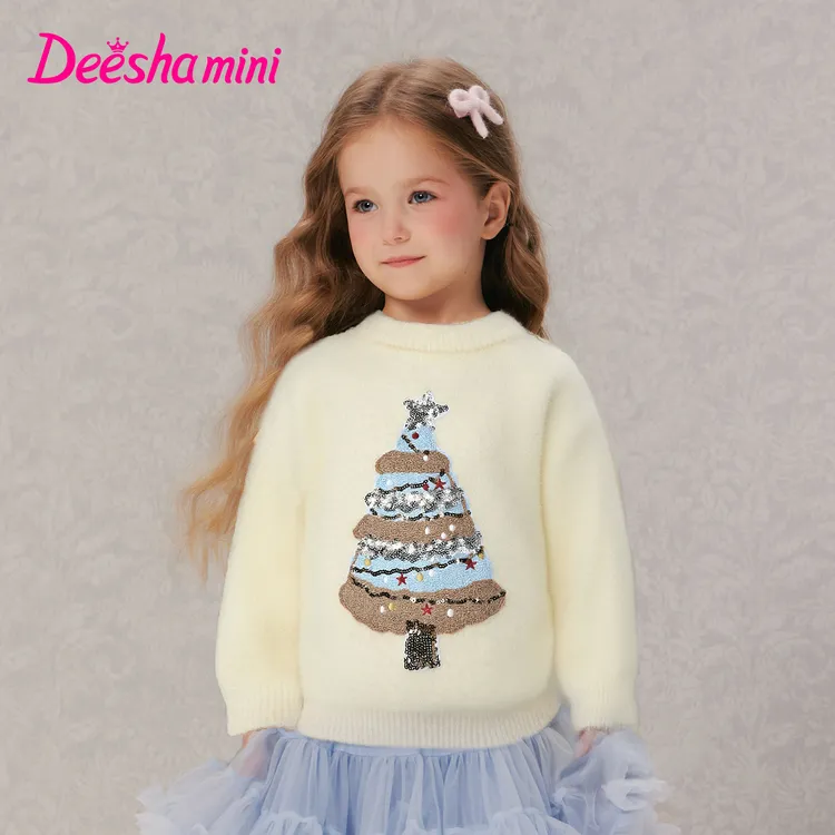 笛莎童装女童毛衣秋冬季圣诞树亮片圆领毛衫时尚保暖-332565503