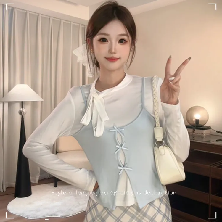甜美绑带撞色蝴蝶结叠穿吊带假两件设计感百搭修身显瘦长袖T恤女