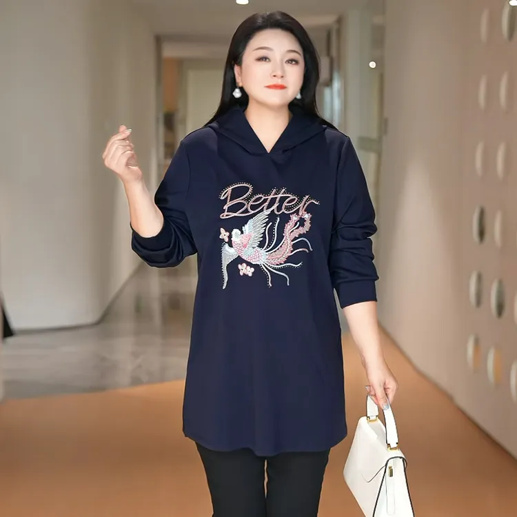 MsShe大码女装2025新款冬装重工刺绣烫钻开叉连帽卫衣J~B2510025