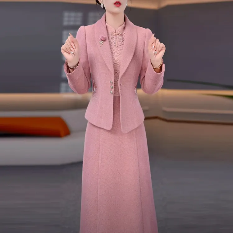 磨毛精纺外套+连衣裙套装裙2025秋季新款中式国风气质显瘦两件套