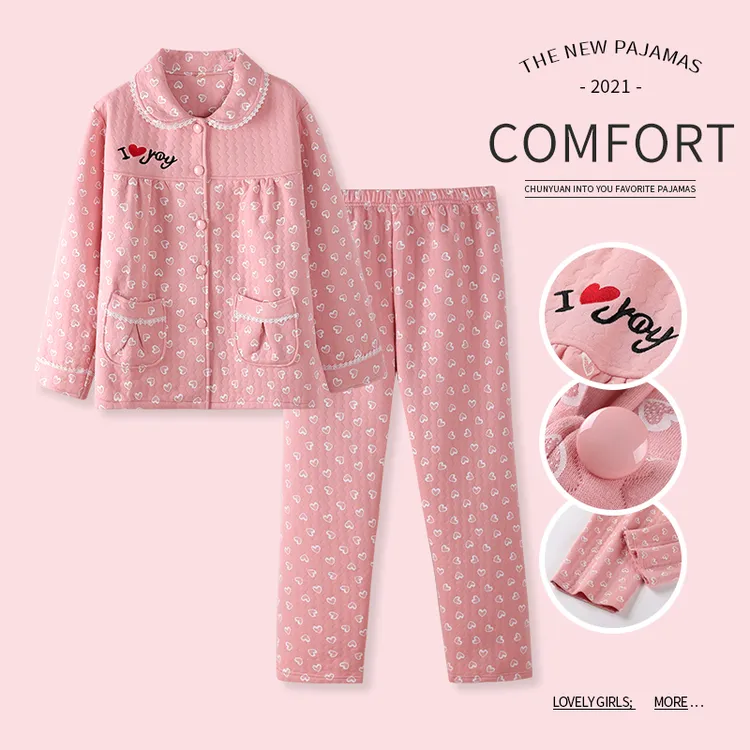 女士空气夹层睡衣冬季三层夹棉保暖蓄热韩版宽松大码家居服可外穿