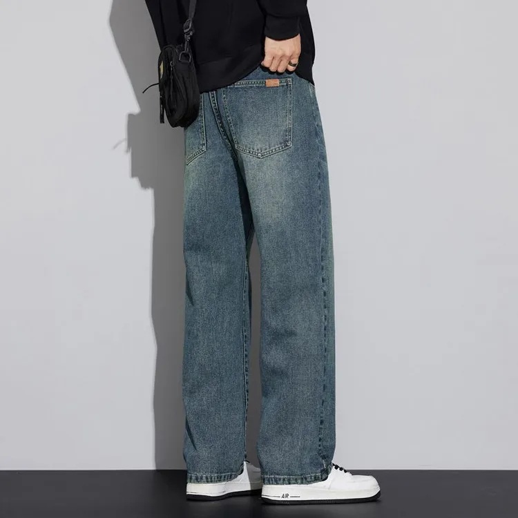 稻草人美式高街牛仔裤男秋冬新款复古做旧潮牌痞帅直筒宽松休闲裤