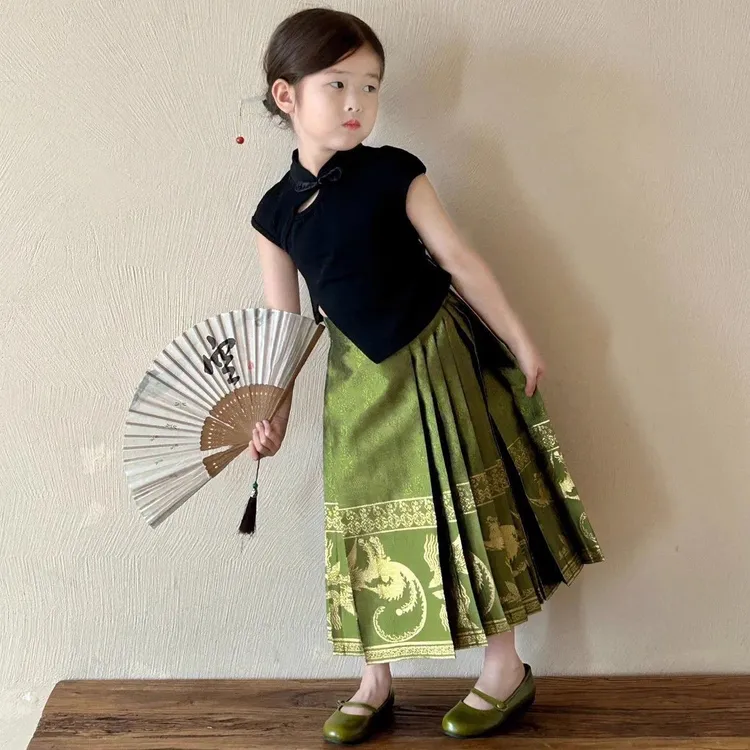 女童新中式夏款古风马面裙宝宝复古小童两件套儿童国风汉服两件套