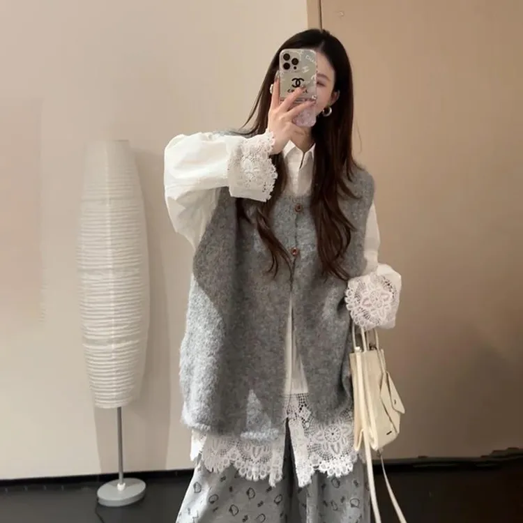 范哲萨2025春季新款韩系甜美灰色针织马甲开衫+镂空衬衫学生女时