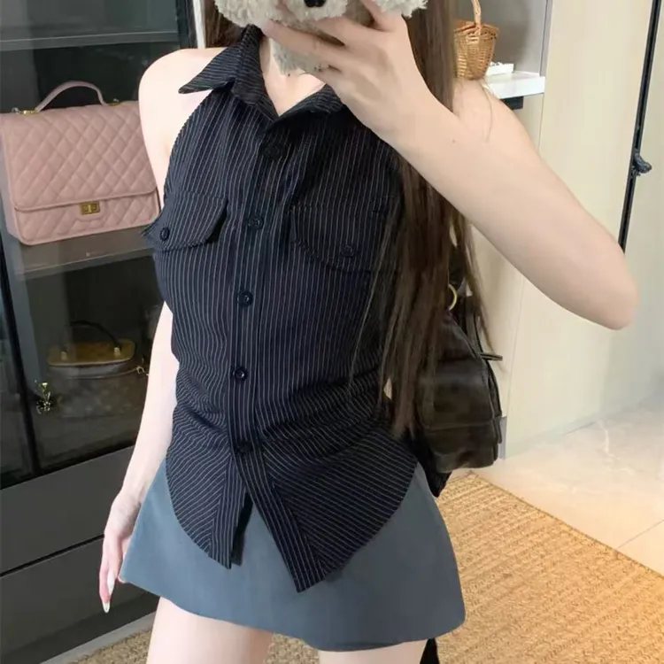 2025夏季新款设计感后背镂空绑带收腰无袖条纹衬衫女时尚百搭裤裙