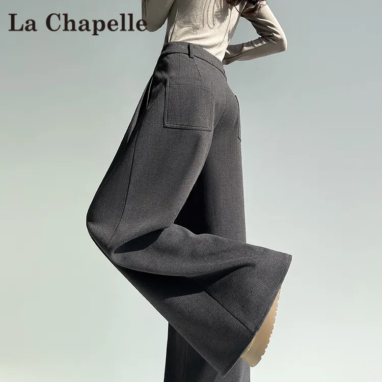 拉夏贝尔麦穗纹毛呢西装阔腿裤女秋冬2025新款高腰休闲直筒拖地裤